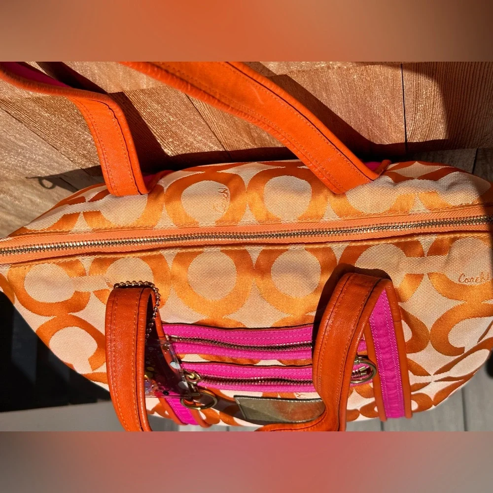 Coach Poppy OP Art Signature Jacquard Leather Orange/pink Tote Shoulder Bag - Picture 9 of 16